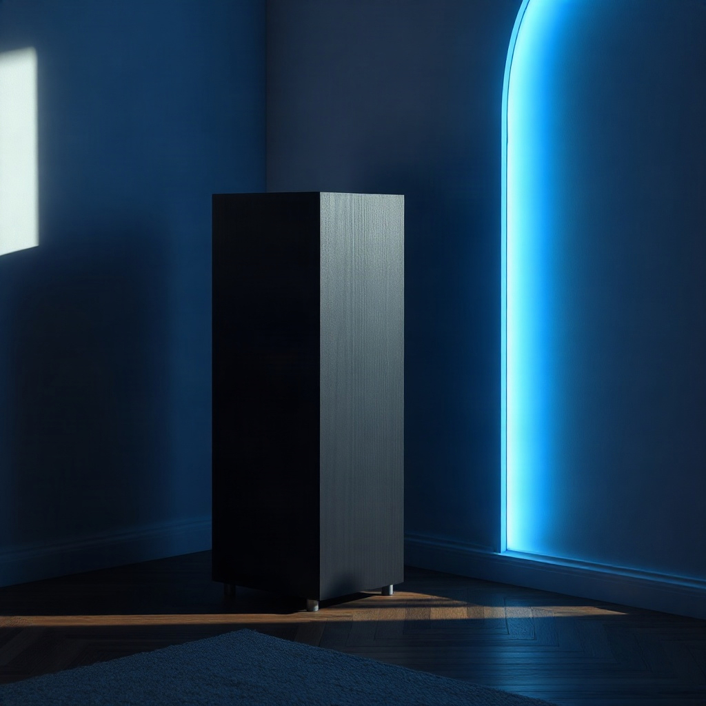 A bookshelf speaker in navy light