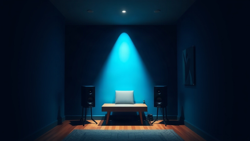 A dim listening room with two speakers and a cyan path toward the seat